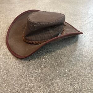Barmah Kangaroo Leather Hat Dark Brown Squashy Canvus Drover Size Large(7.5)